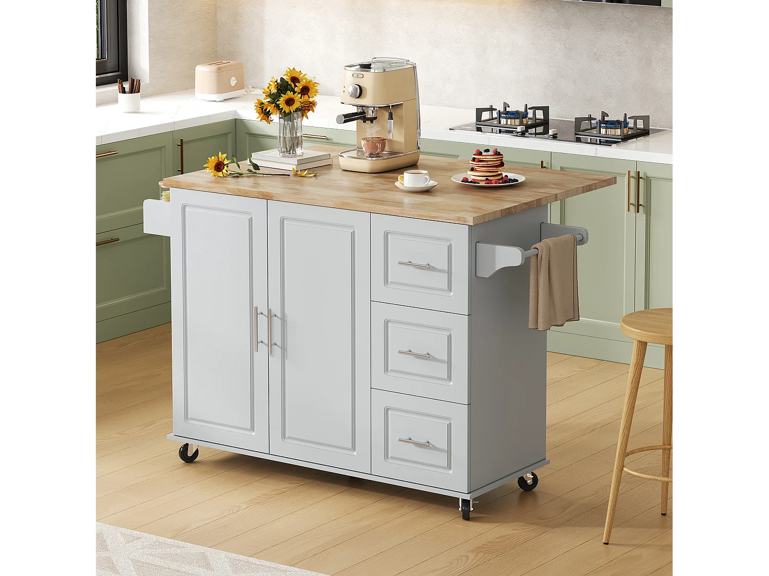 Îlot de cuisine à roulettes 137x43/76 cm avec 3 tiroirs et 2 portes - Gris et bois