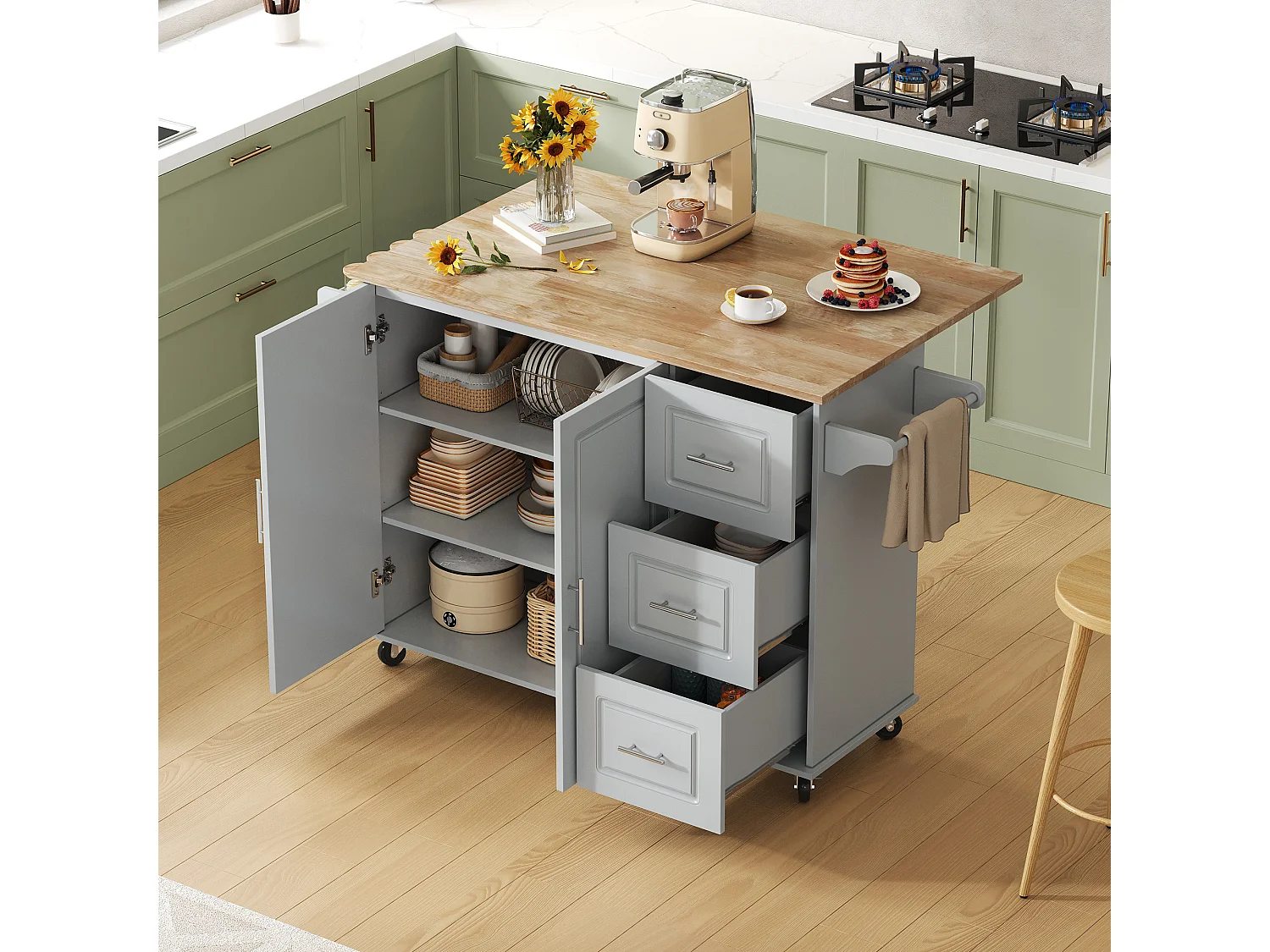 Îlot de cuisine à roulettes 137x43/76 cm avec 3 tiroirs et 2 portes - Gris et bois