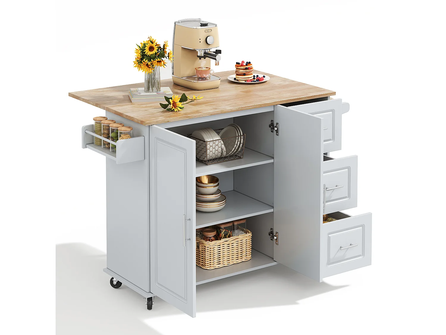 Îlot de cuisine à roulettes 137x43/76 cm avec 3 tiroirs et 2 portes - Gris et bois