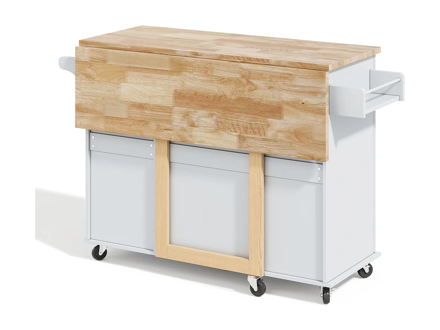 Îlot de cuisine à roulettes 137x43/76 cm avec 3 tiroirs et 2 portes - Gris et bois