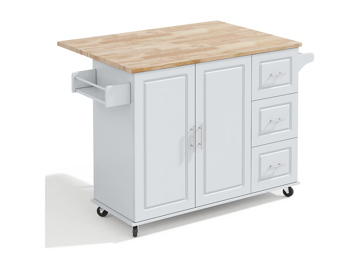 Îlot de cuisine à roulettes 137x43/76 cm avec 3 tiroirs et 2 portes - Gris et bois