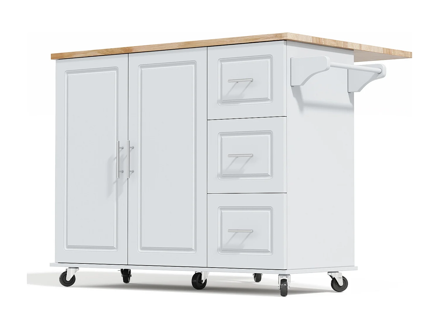 Îlot de cuisine à roulettes 137x43/76 cm avec 3 tiroirs et 2 portes - Gris et bois