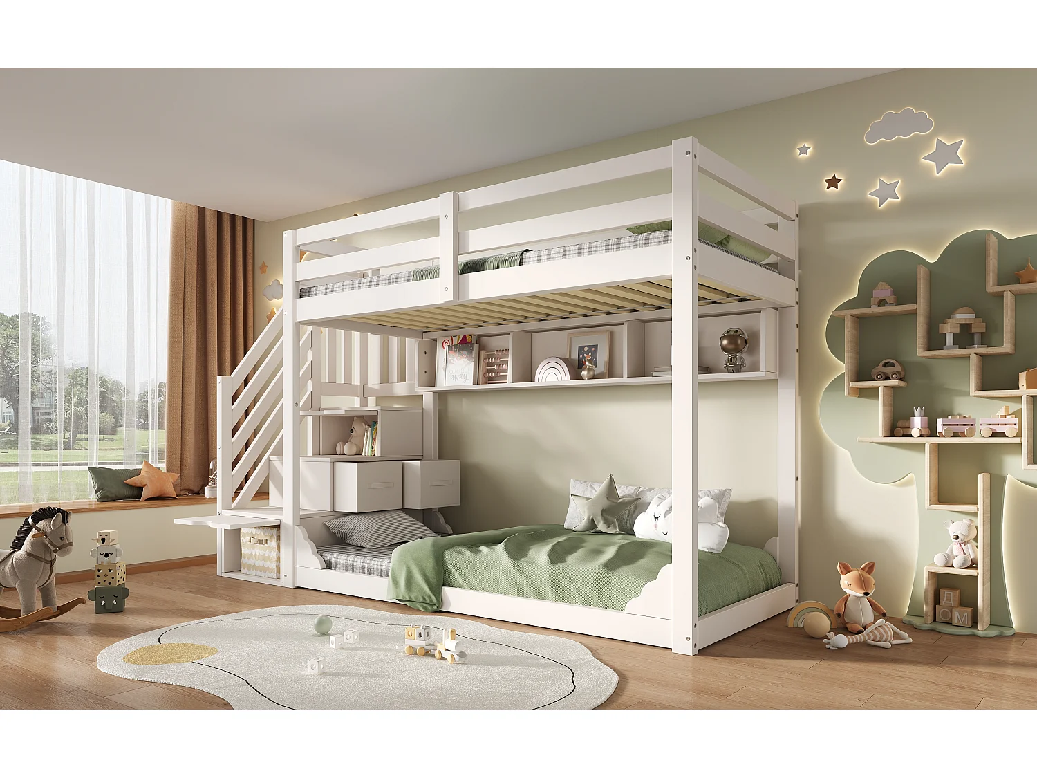 Lit superposé enfant 90x200 cm avec étagères et rangements - Bois blanc (sans matelas)