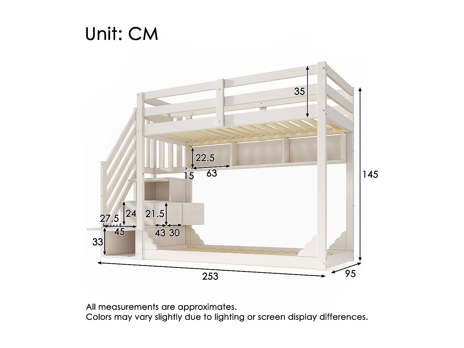 Lit superposé enfant 90x200 cm avec étagères et rangements - Bois blanc (sans matelas)