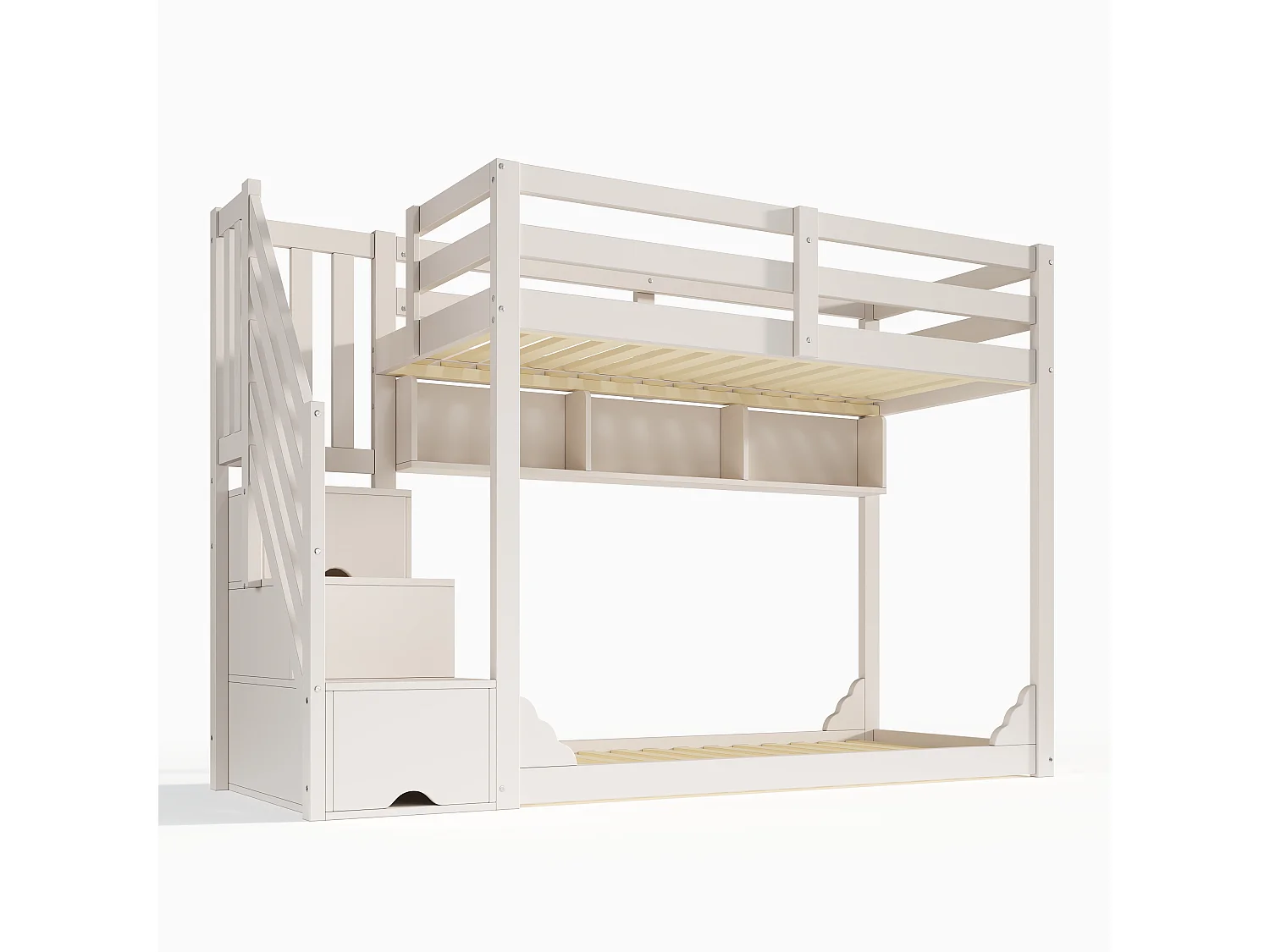 Lit superposé enfant 90x200 cm avec étagères et rangements - Bois blanc (sans matelas)