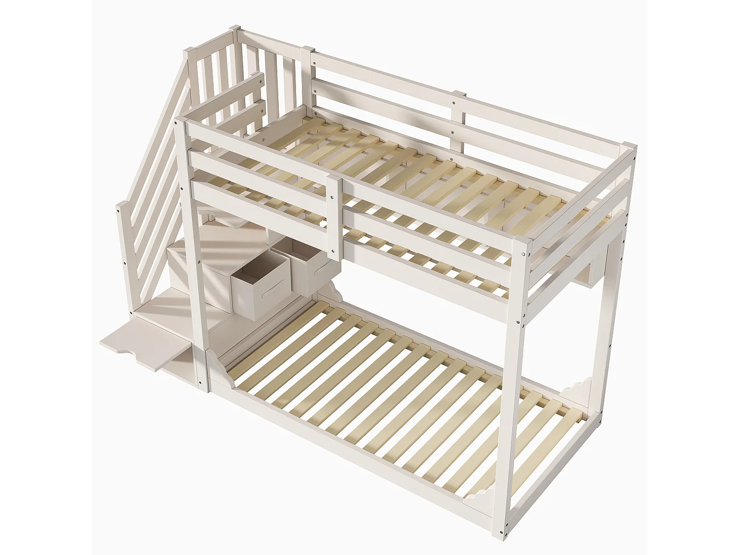 Lit superposé enfant 90x200 cm avec étagères et rangements - Bois blanc (sans matelas)