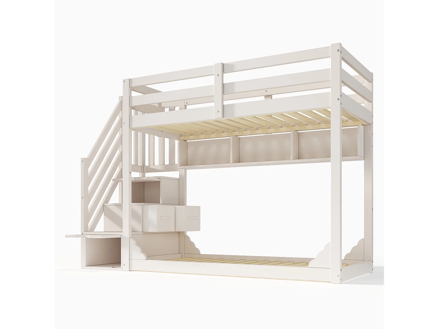 Lit superposé enfant 90x200 cm avec étagères et rangements - Bois blanc (sans matelas)