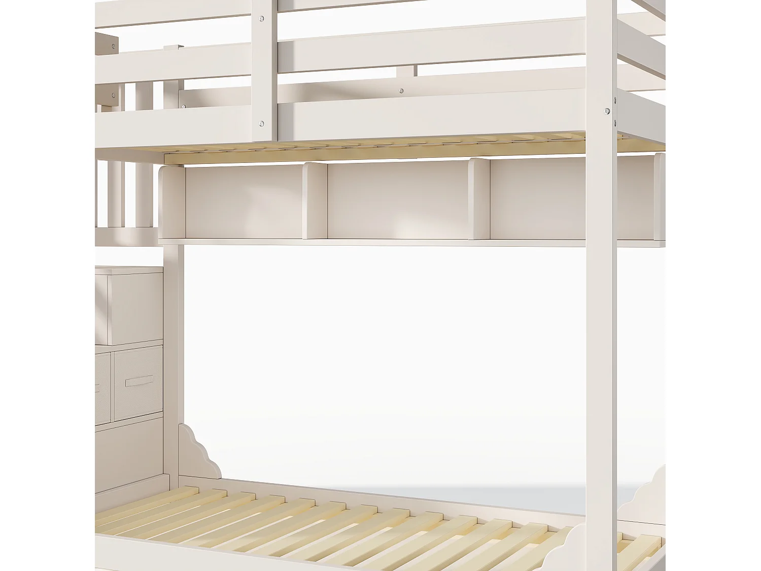 Lit superposé enfant 90x200 cm avec étagères et rangements - Bois blanc (sans matelas)