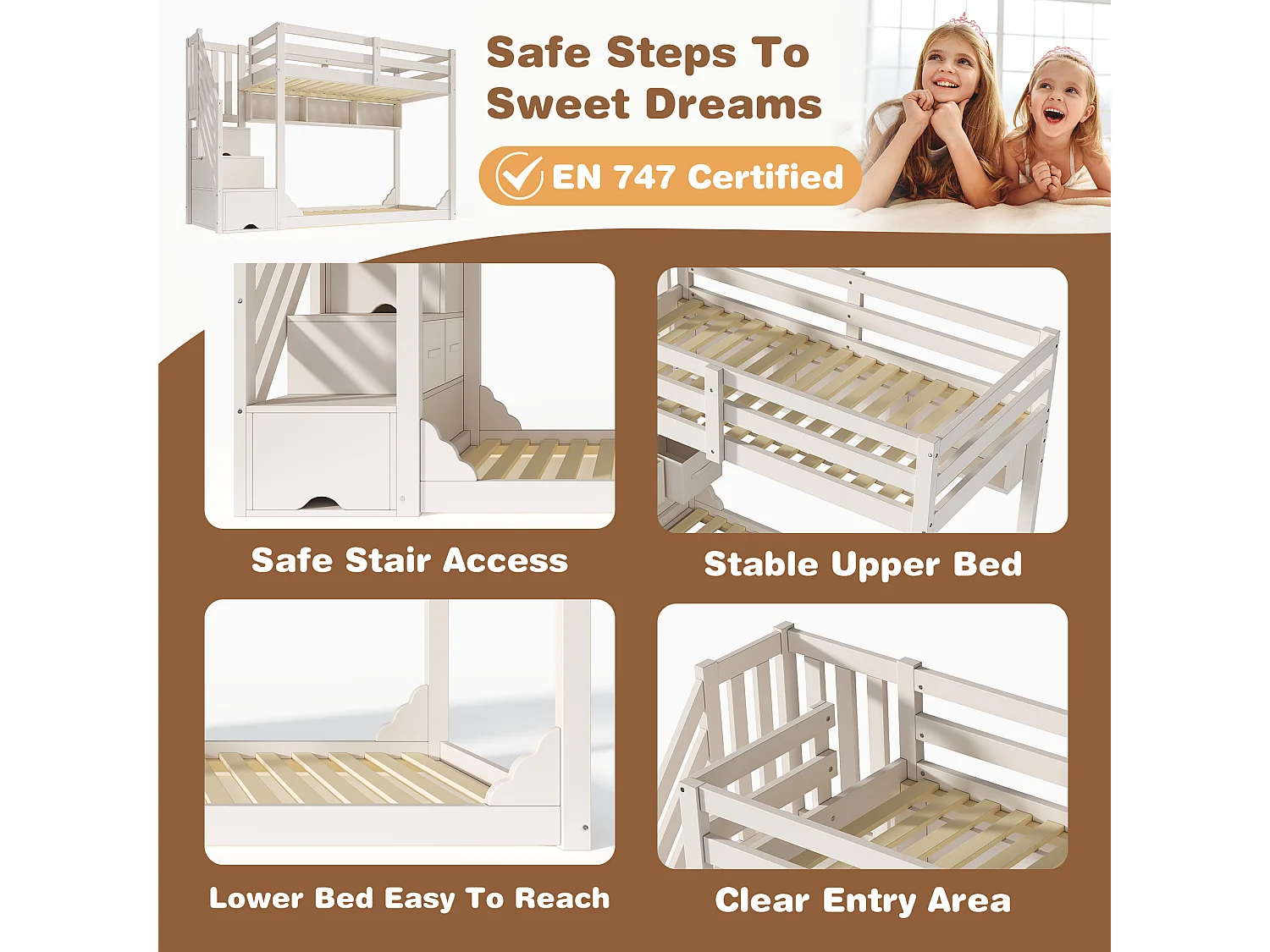 Lit superposé enfant 90x200 cm avec étagères et rangements - Bois blanc (sans matelas)