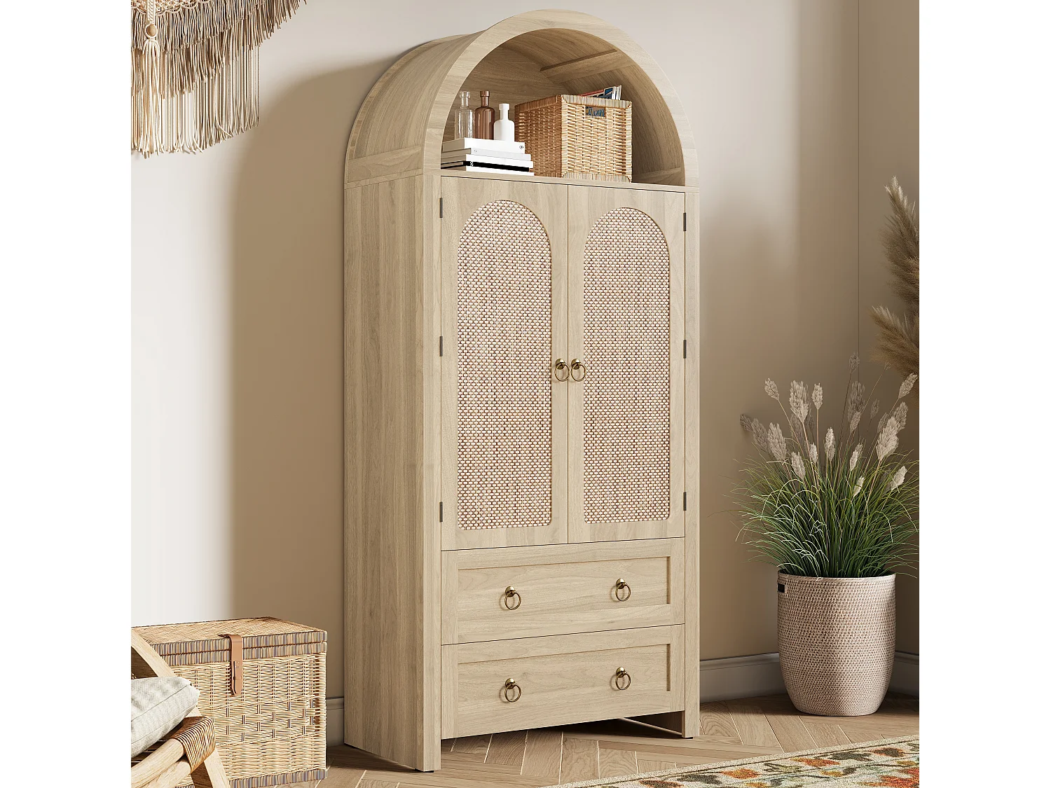 Buffet vintage 80x40x180 cm avec 2 tiroirs et portes en rotin - Couleur bois clair