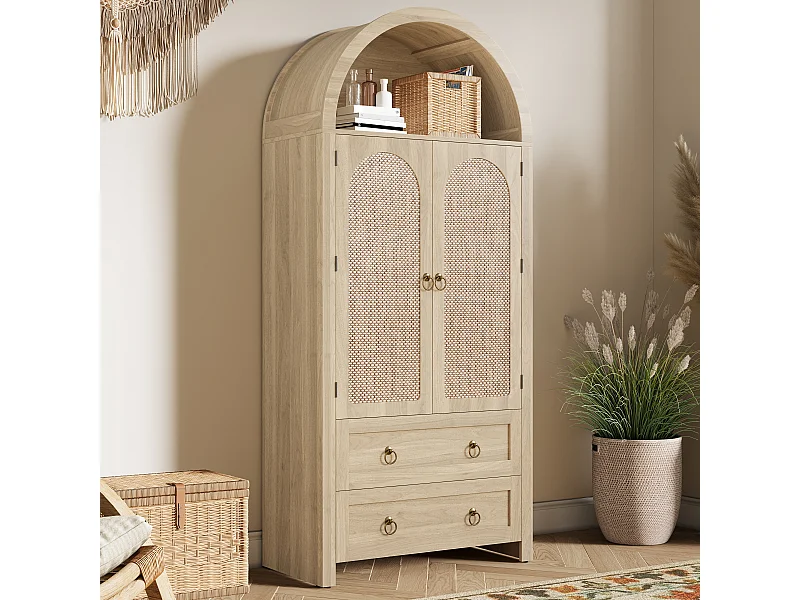 Buffet vintage 80x40x180 cm avec 2 tiroirs et portes en rotin - Couleur bois clair