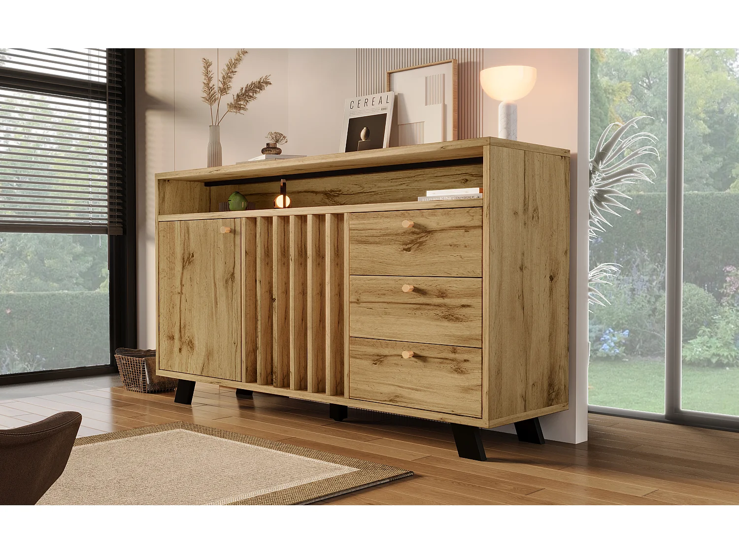 Buffet avec 3 tiroirs et 2 portes 120x40x85 cm - Couleur bois chêne foncé