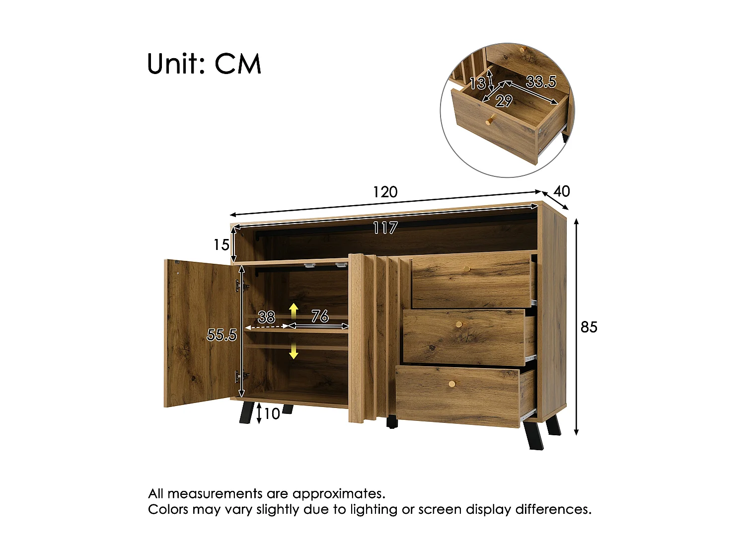 Buffet avec 3 tiroirs et 2 portes 120x40x85 cm - Couleur bois chêne foncé