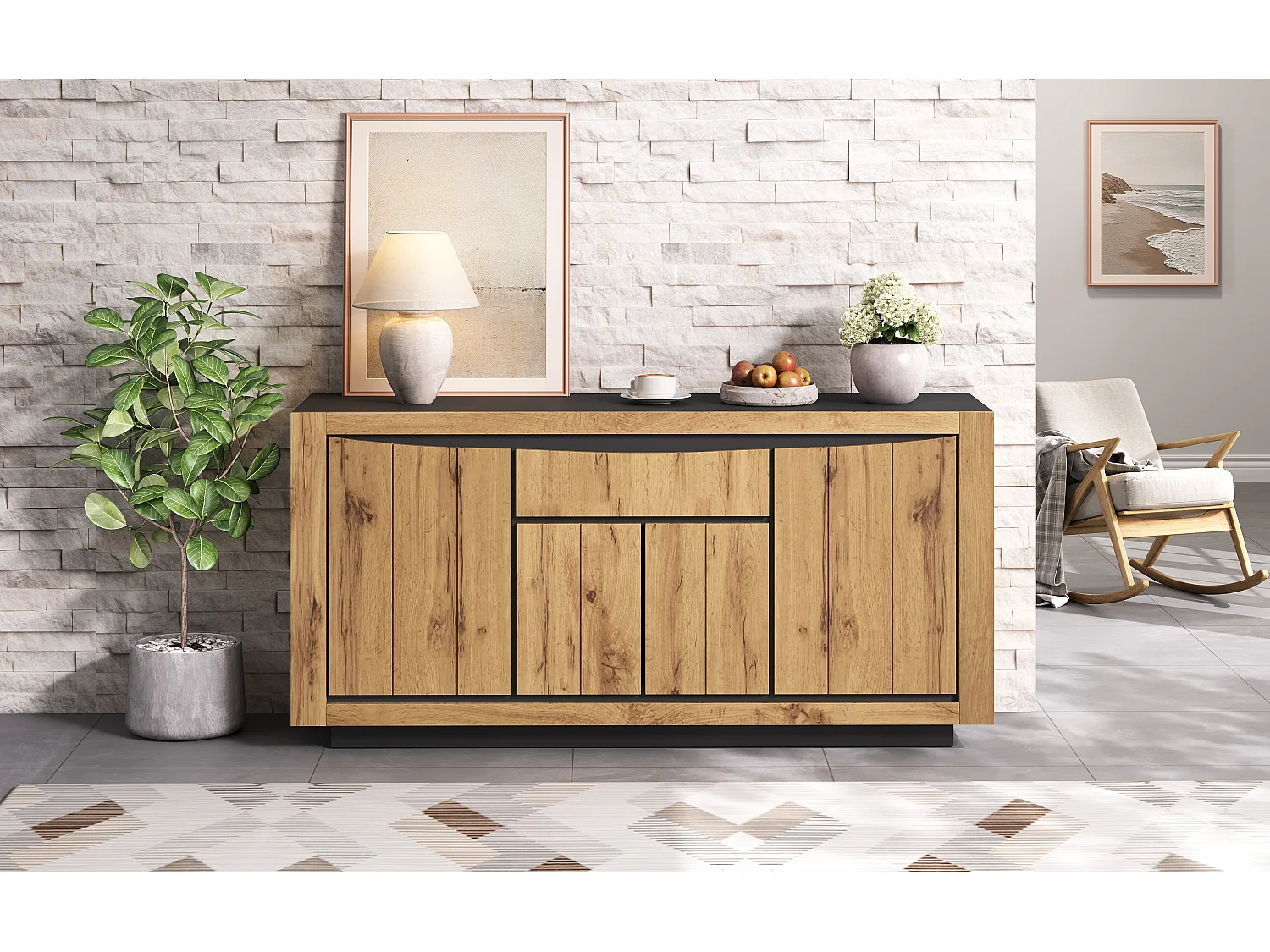 Buffet avec 4 portes et tiroir - Sans poignées - Couleur bois et noir 140 x 38,5 x 52 cm