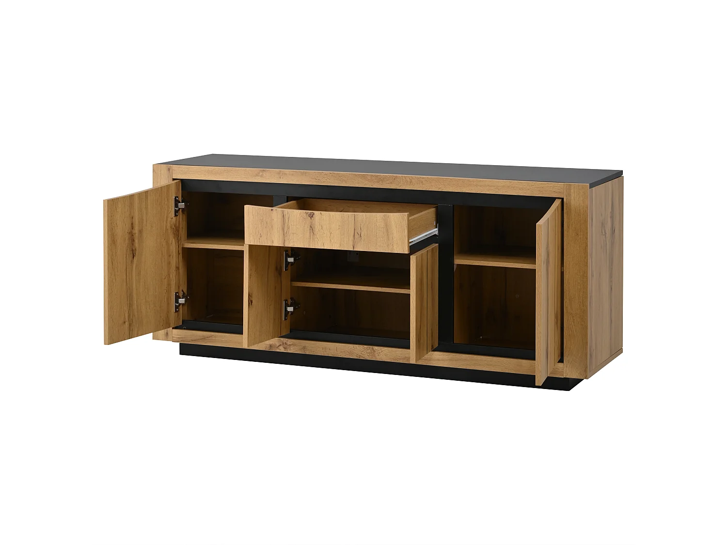 Buffet avec 4 portes et tiroir - Sans poignées - Couleur bois et noir 140 x 38,5 x 52 cm