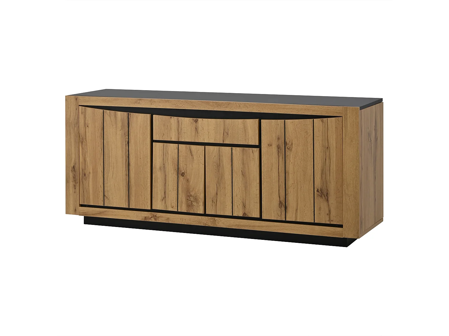 Buffet avec 4 portes et tiroir - Sans poignées - Couleur bois et noir 140 x 38,5 x 52 cm