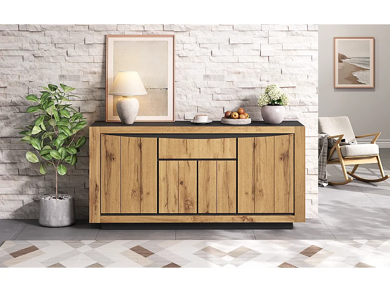 Buffet avec 4 portes et tiroir - Sans poignées - Couleur bois et noir 140 x 38,5 x 52 cm