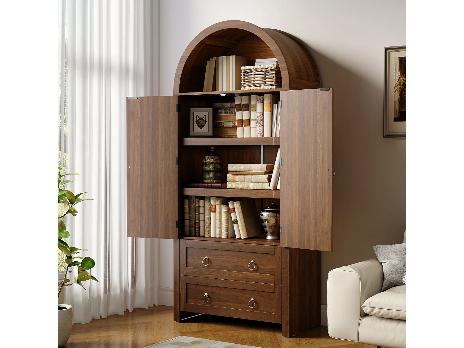 Buffet vintage 80x40x180 cm avec 2 tiroirs et portes en rotin - Couleur noyer