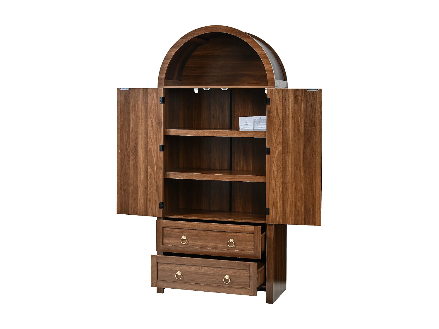 Buffet vintage 80x40x180 cm avec 2 tiroirs et portes en rotin - Couleur noyer