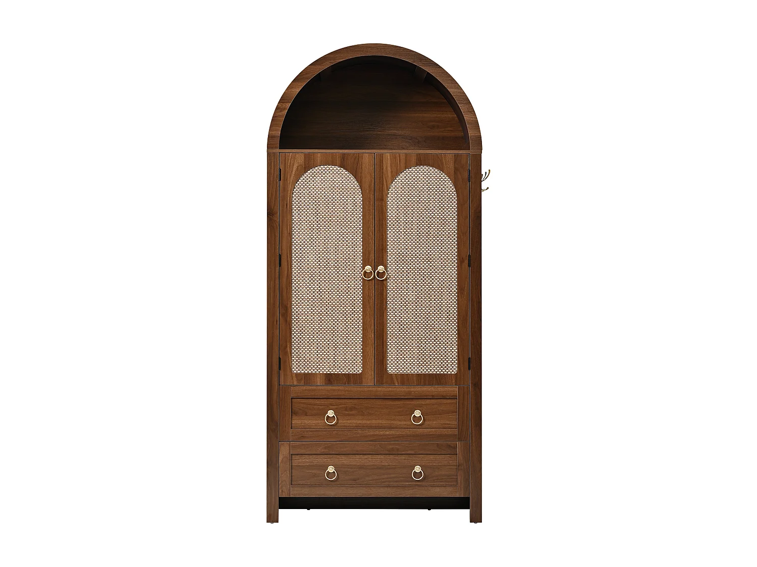 Buffet vintage 80x40x180 cm avec 2 tiroirs et portes en rotin - Couleur noyer