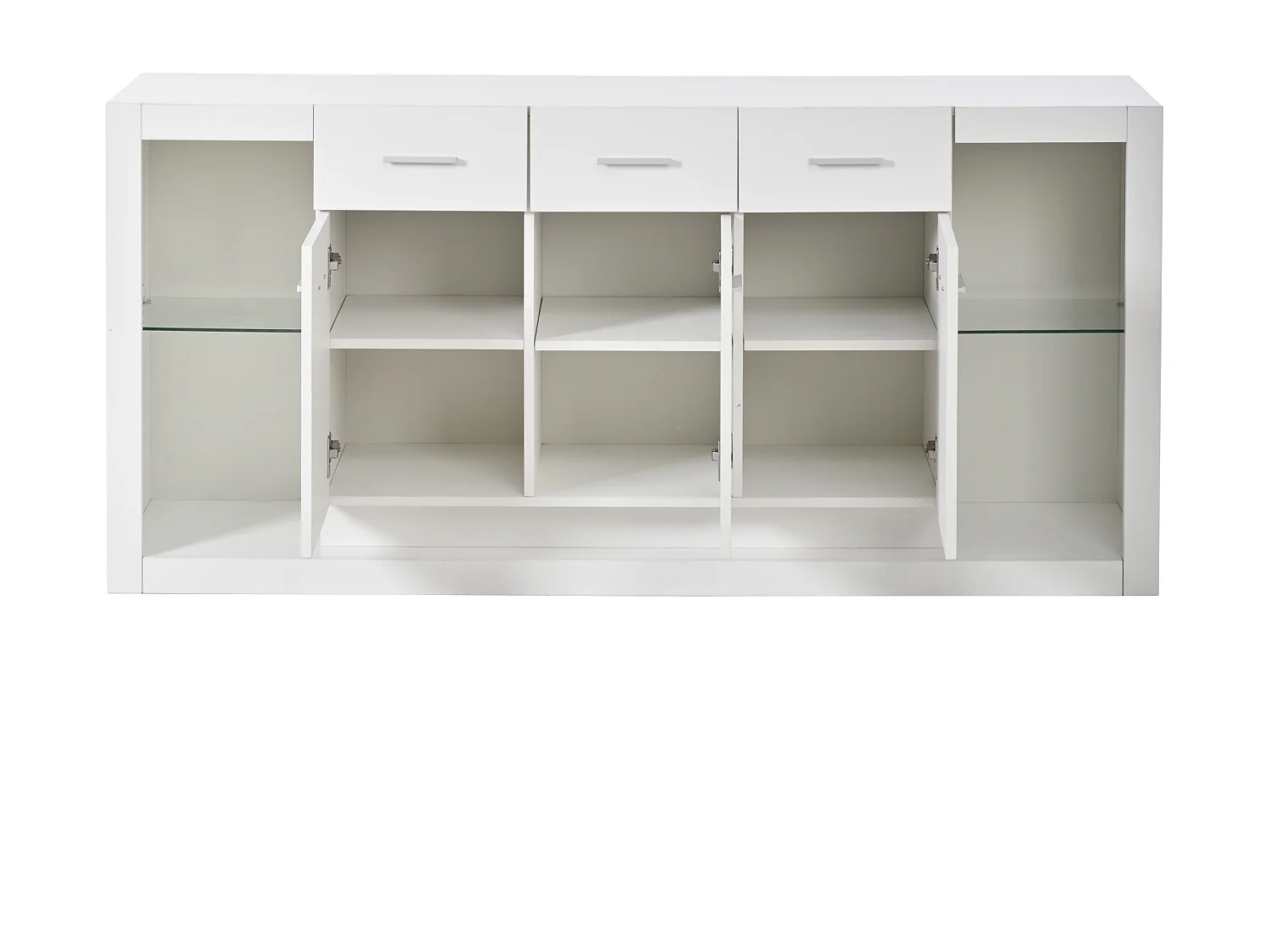 Buffet LED avec étagères réglables, 3 tiroirs et 3 portes - Finition brillant blanc