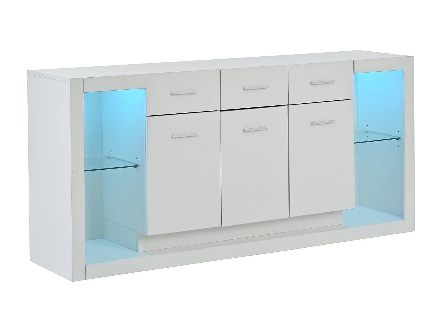 Buffet LED avec étagères réglables, 3 tiroirs et 3 portes - Finition brillant blanc