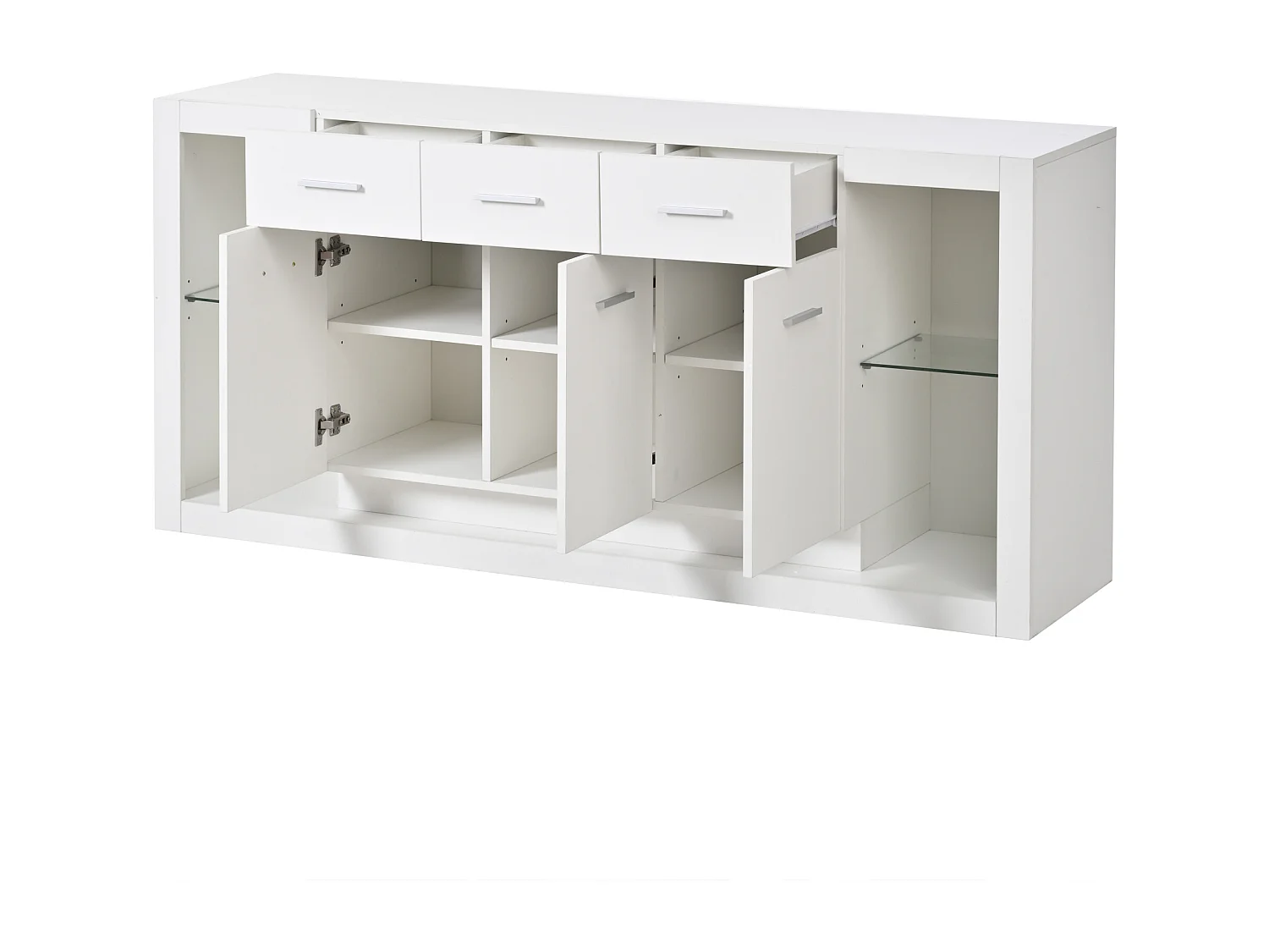 Buffet LED avec étagères réglables, 3 tiroirs et 3 portes - Finition brillant blanc