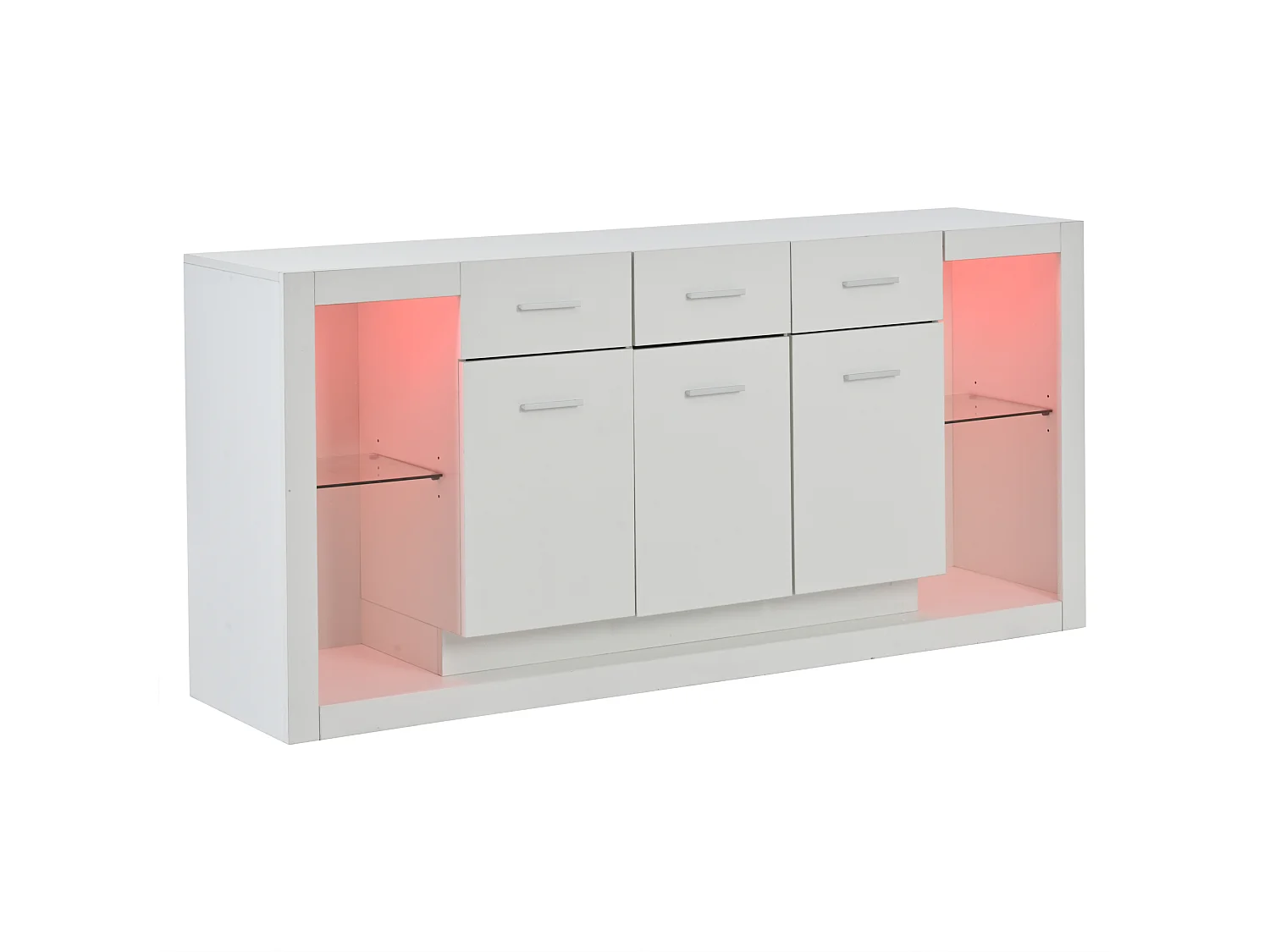 Buffet LED avec étagères réglables, 3 tiroirs et 3 portes - Finition brillant blanc