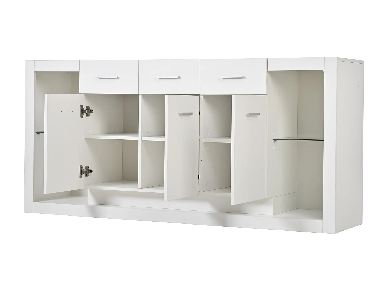 Buffet LED avec étagères réglables, 3 tiroirs et 3 portes - Finition brillant blanc