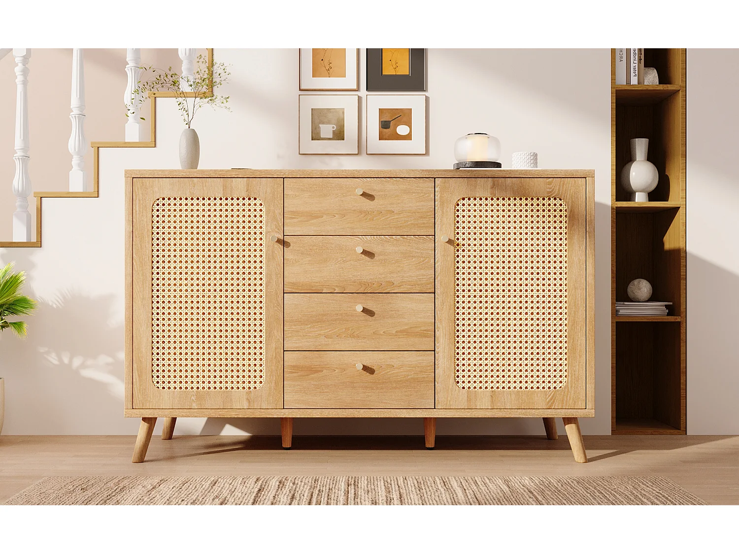 Buffet aspect rotin avec 4 tiroirs et 2 portes 140x40x86 cm - Naturel clair