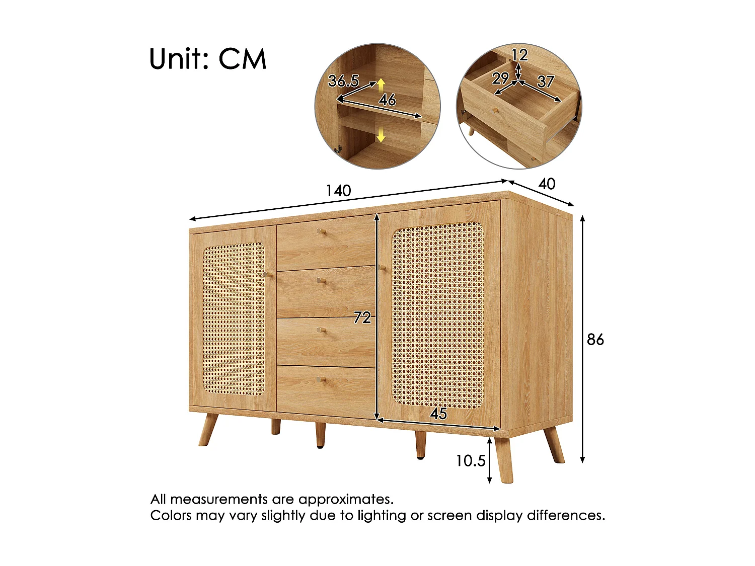 Buffet aspect rotin avec 4 tiroirs et 2 portes 140x40x86 cm - Naturel clair
