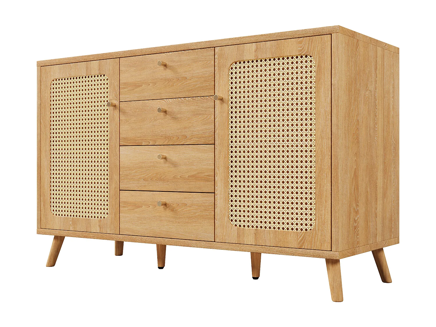 Buffet aspect rotin avec 4 tiroirs et 2 portes 140x40x86 cm - Naturel clair