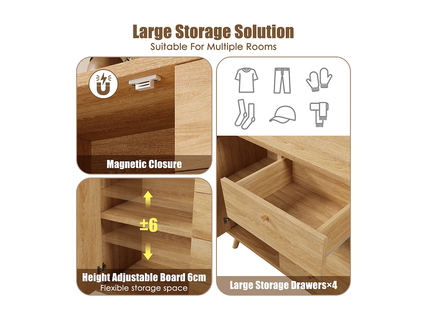 Buffet aspect rotin avec 4 tiroirs et 2 portes 140x40x86 cm - Naturel clair