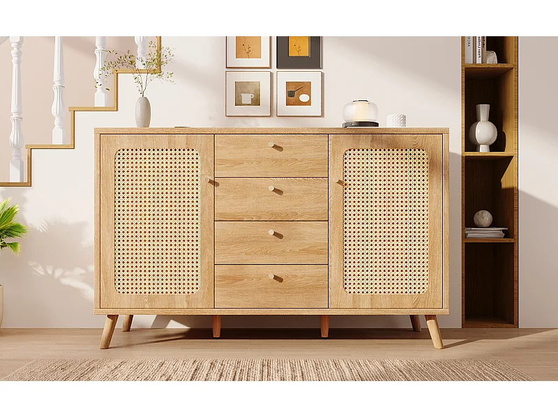 Buffet aspect rotin avec 4 tiroirs et 2 portes 140x40x86 cm - Naturel clair