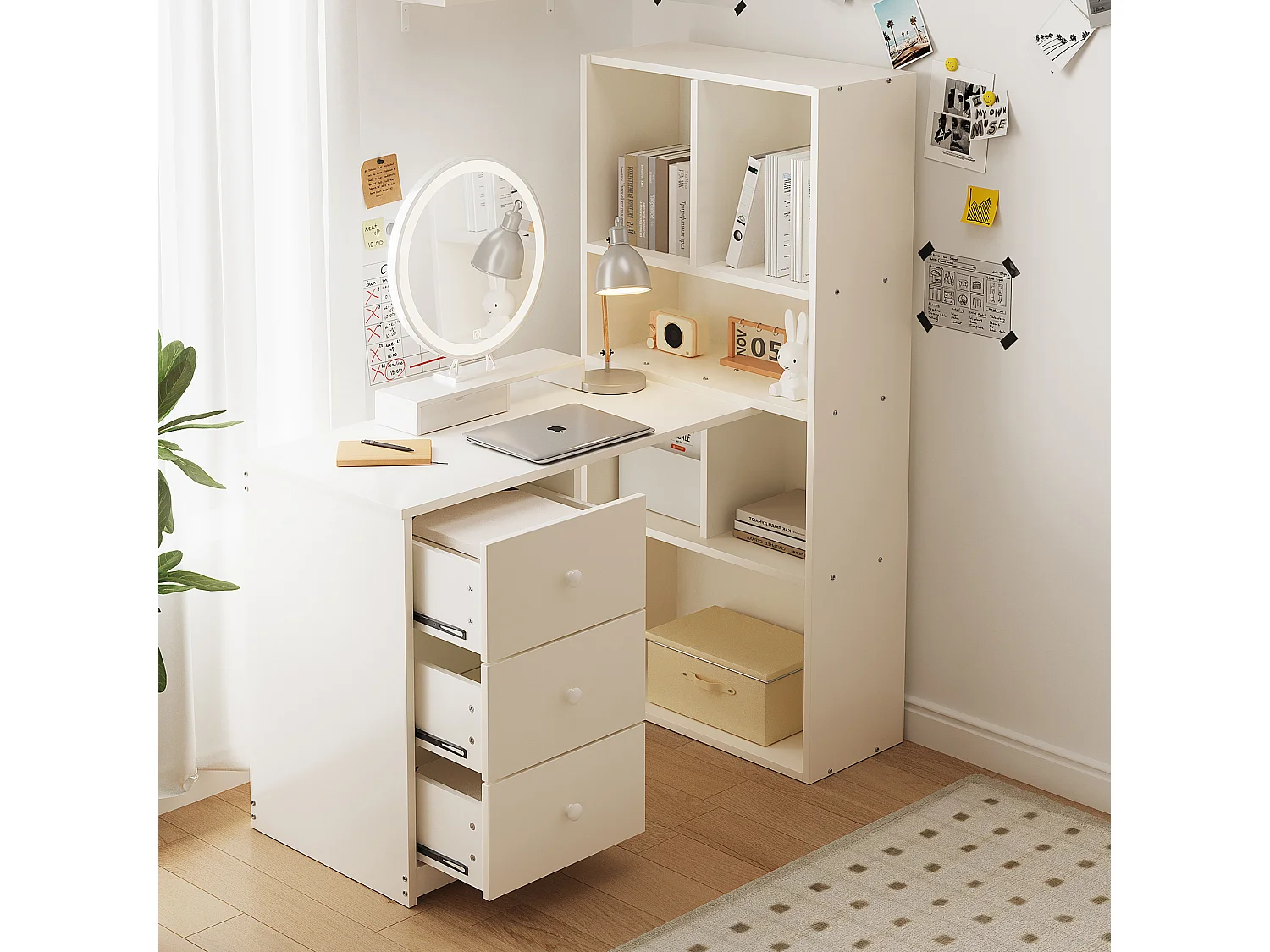 Scrivania angolare con libreria e 3 cassetti, 117x63x135 cm - Bianco