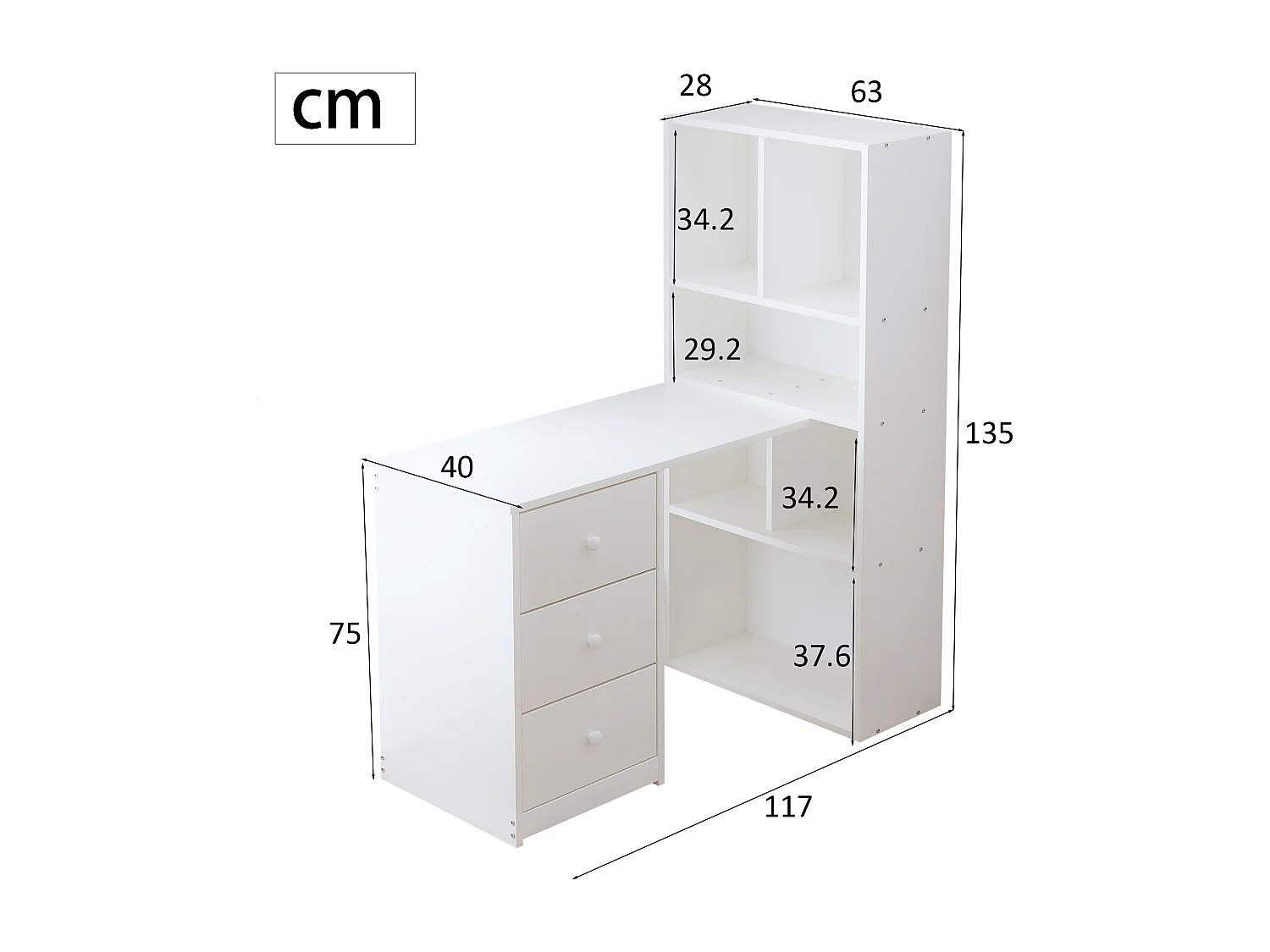 Scrivania angolare con libreria e 3 cassetti, 117x63x135 cm - Bianco