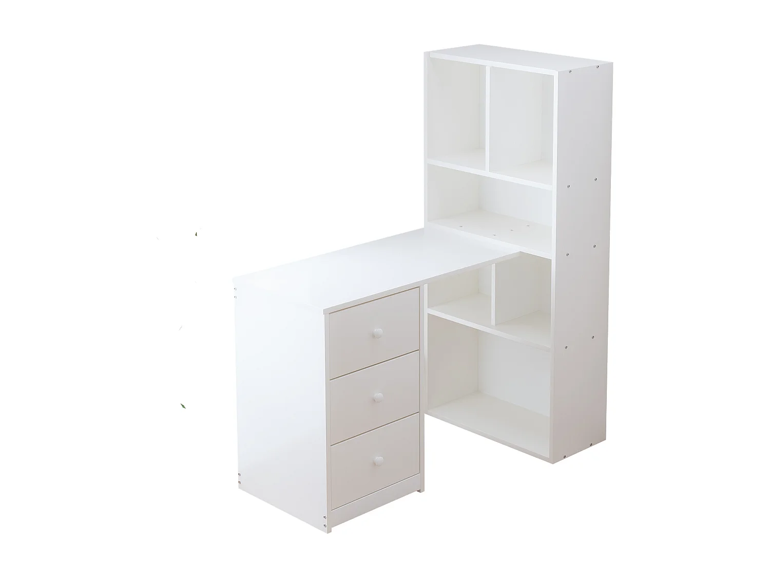 Scrivania angolare con libreria e 3 cassetti, 117x63x135 cm - Bianco