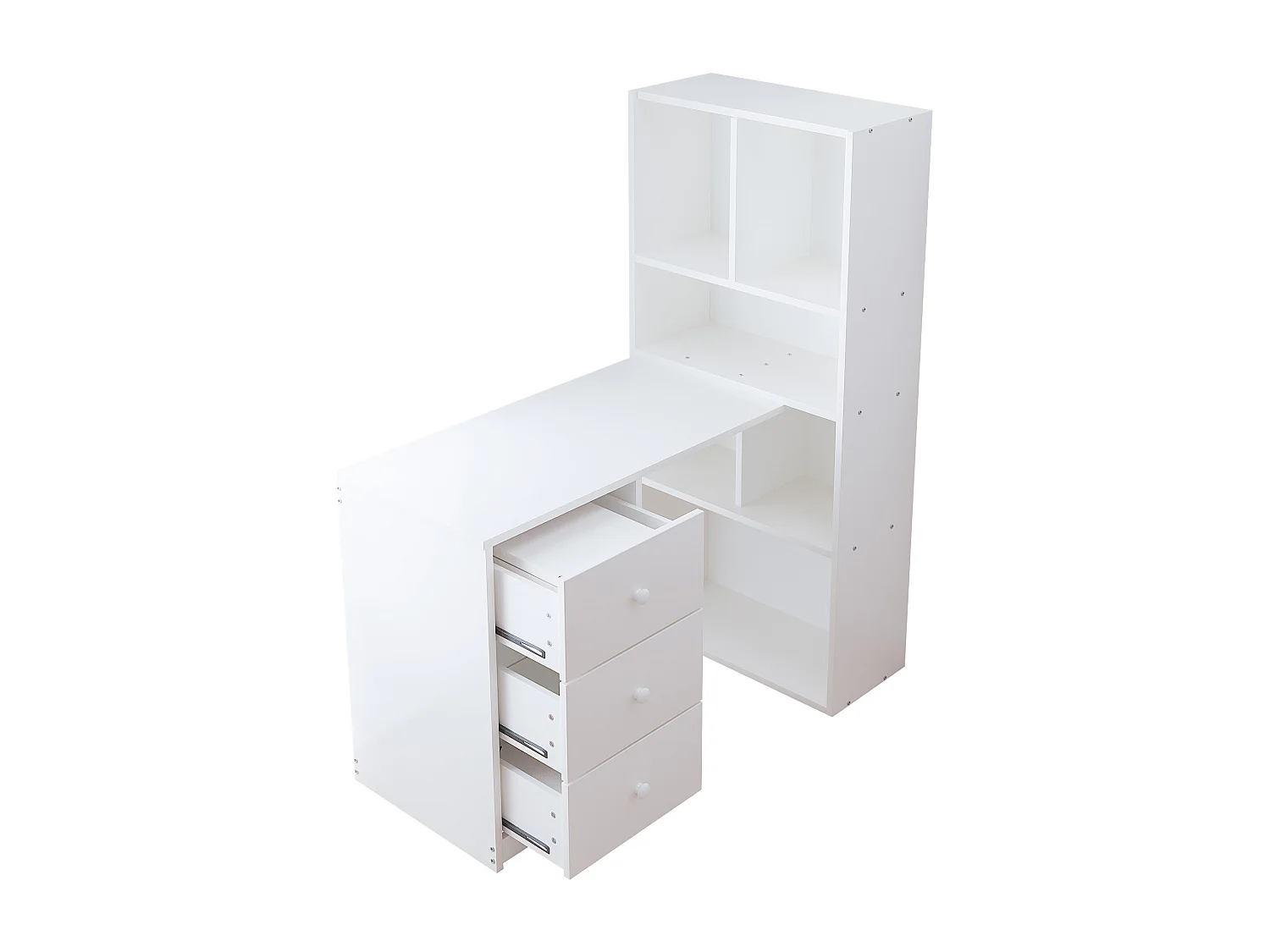 Scrivania angolare con libreria e 3 cassetti, 117x63x135 cm - Bianco
