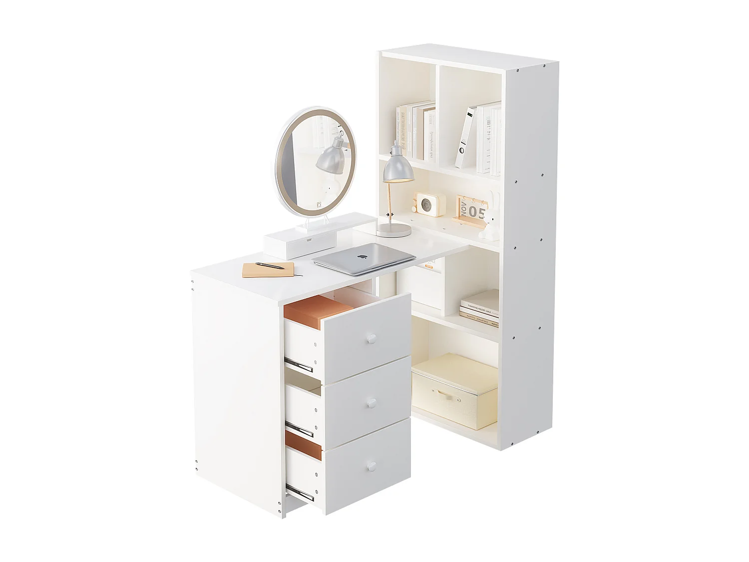 Scrivania angolare con libreria e 3 cassetti, 117x63x135 cm - Bianco