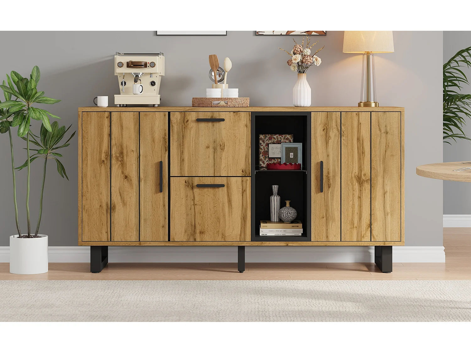 Buffet avec LED, 2 tiroirs et 2 portes - Couleur naturel et noir 160x40x73 cm