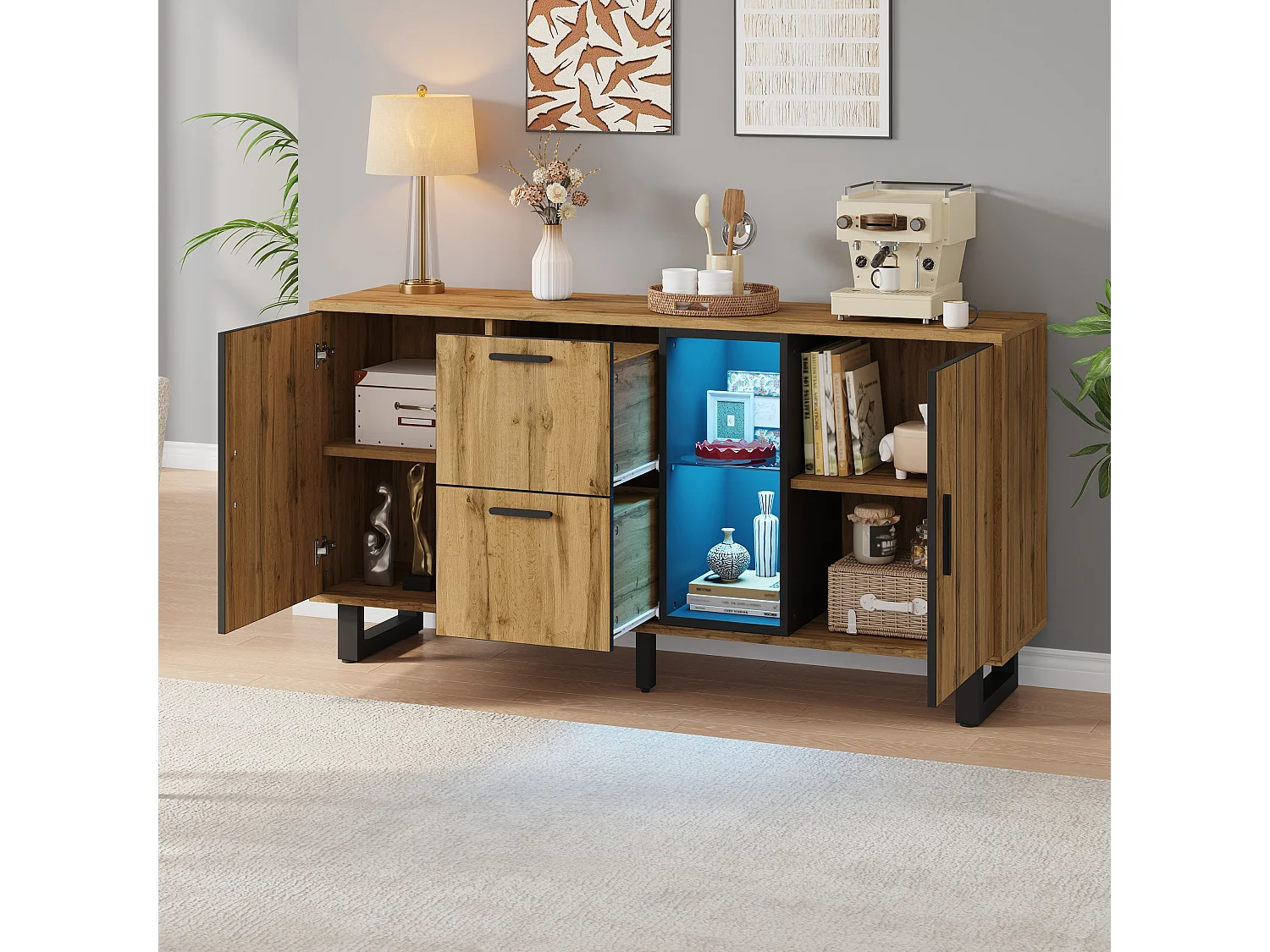 Buffet avec LED, 2 tiroirs et 2 portes - Couleur naturel et noir 160x40x73 cm