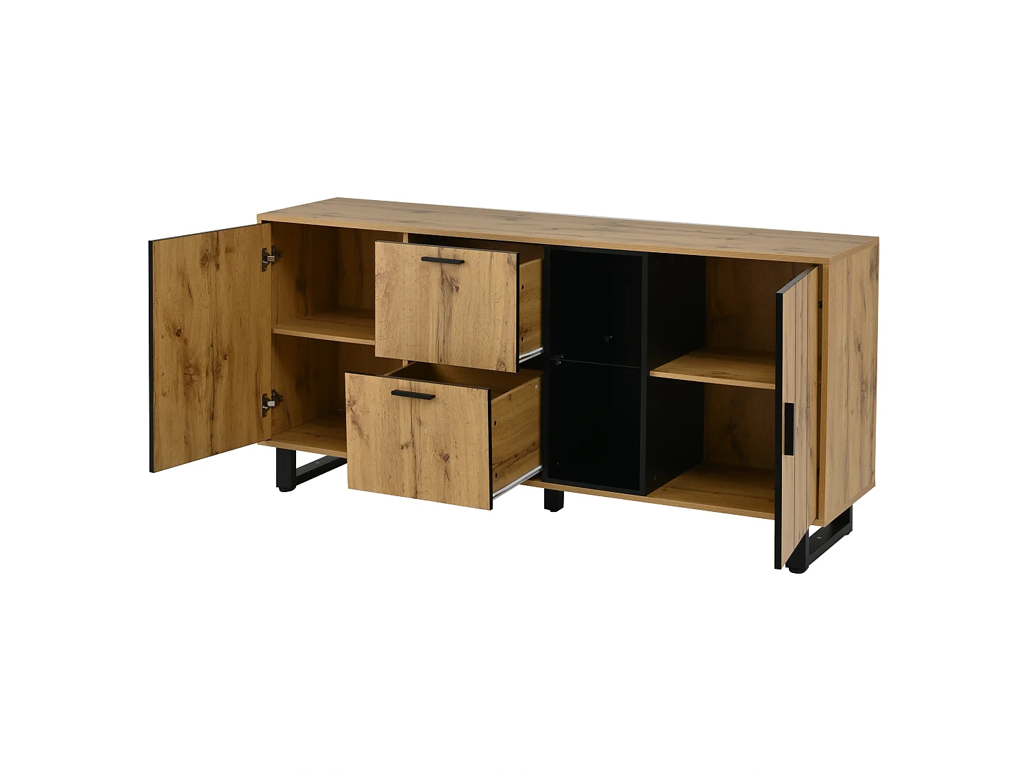 Buffet avec LED, 2 tiroirs et 2 portes - Couleur naturel et noir 160x40x73 cm