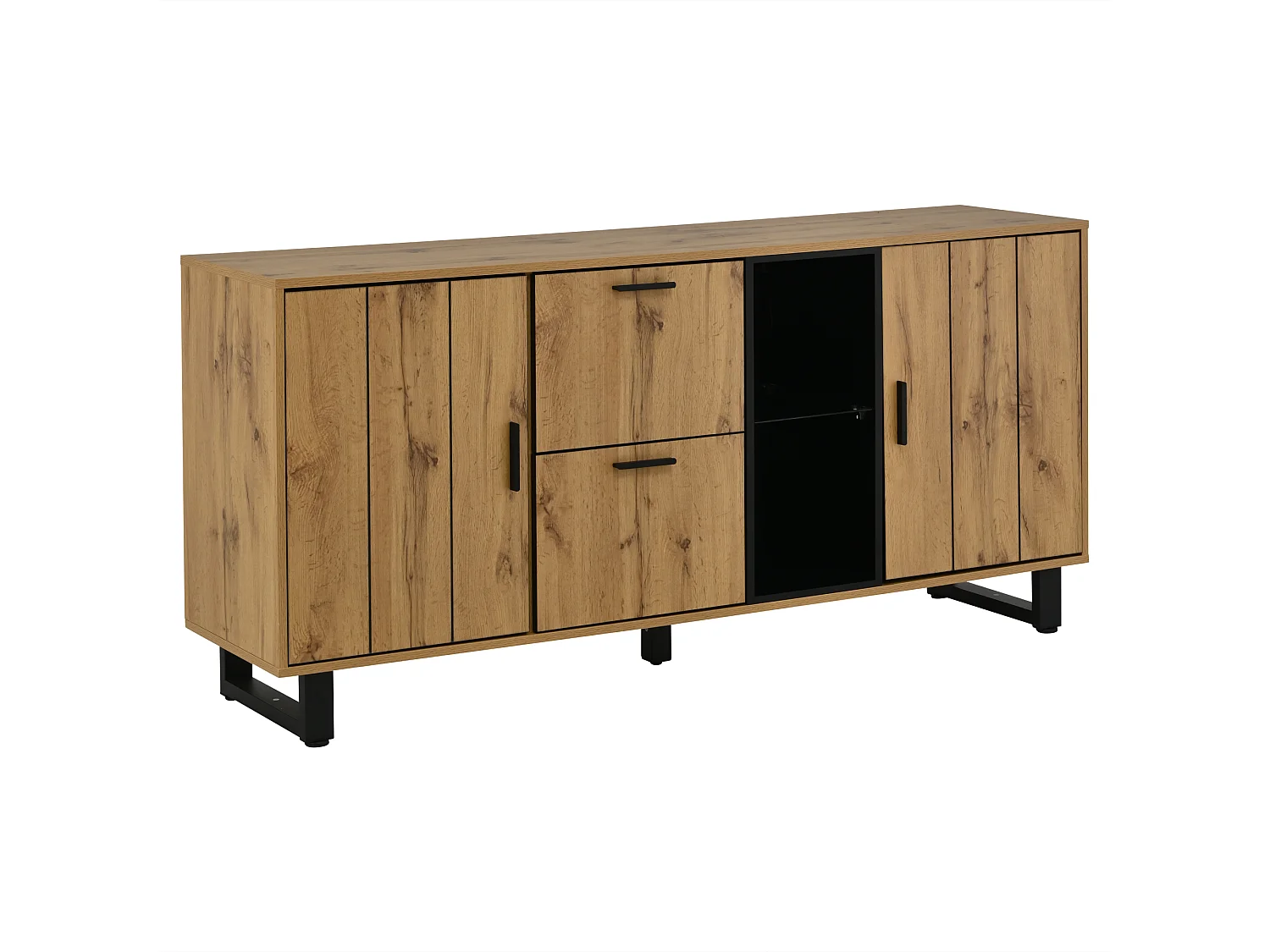 Buffet avec LED, 2 tiroirs et 2 portes - Couleur naturel et noir 160x40x73 cm