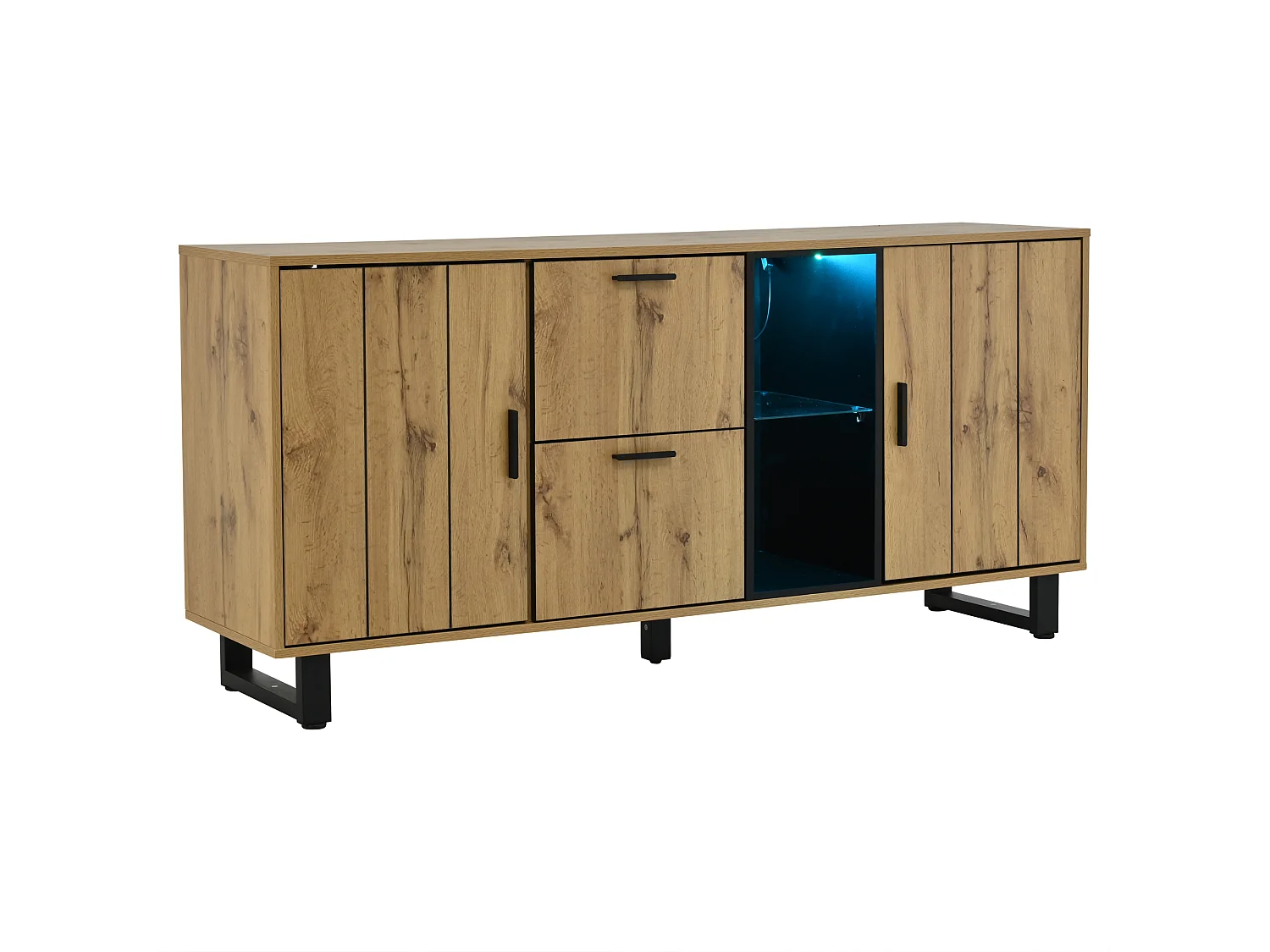 Buffet avec LED, 2 tiroirs et 2 portes - Couleur naturel et noir 160x40x73 cm