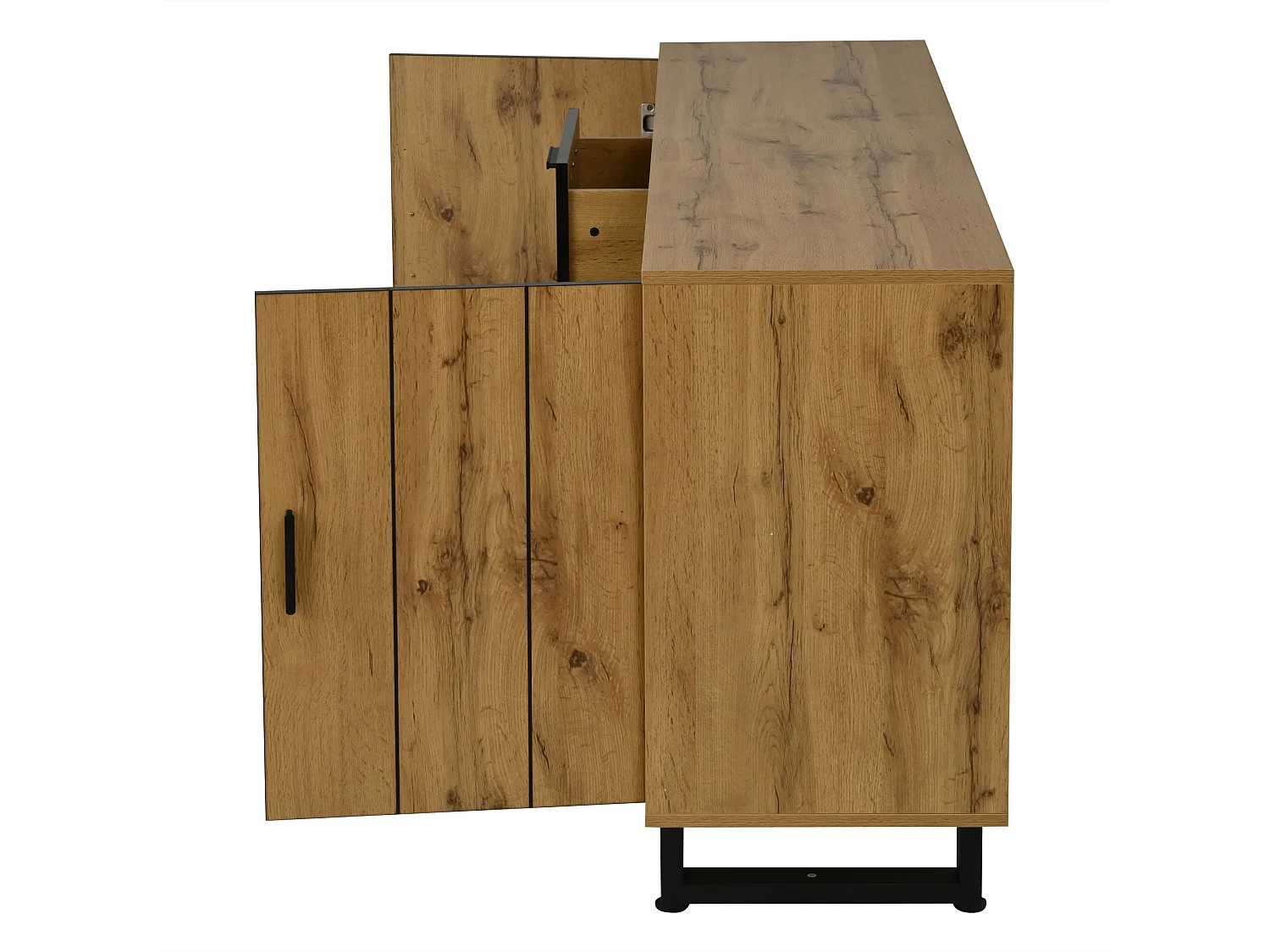 Buffet avec LED, 2 tiroirs et 2 portes - Couleur naturel et noir 160x40x73 cm