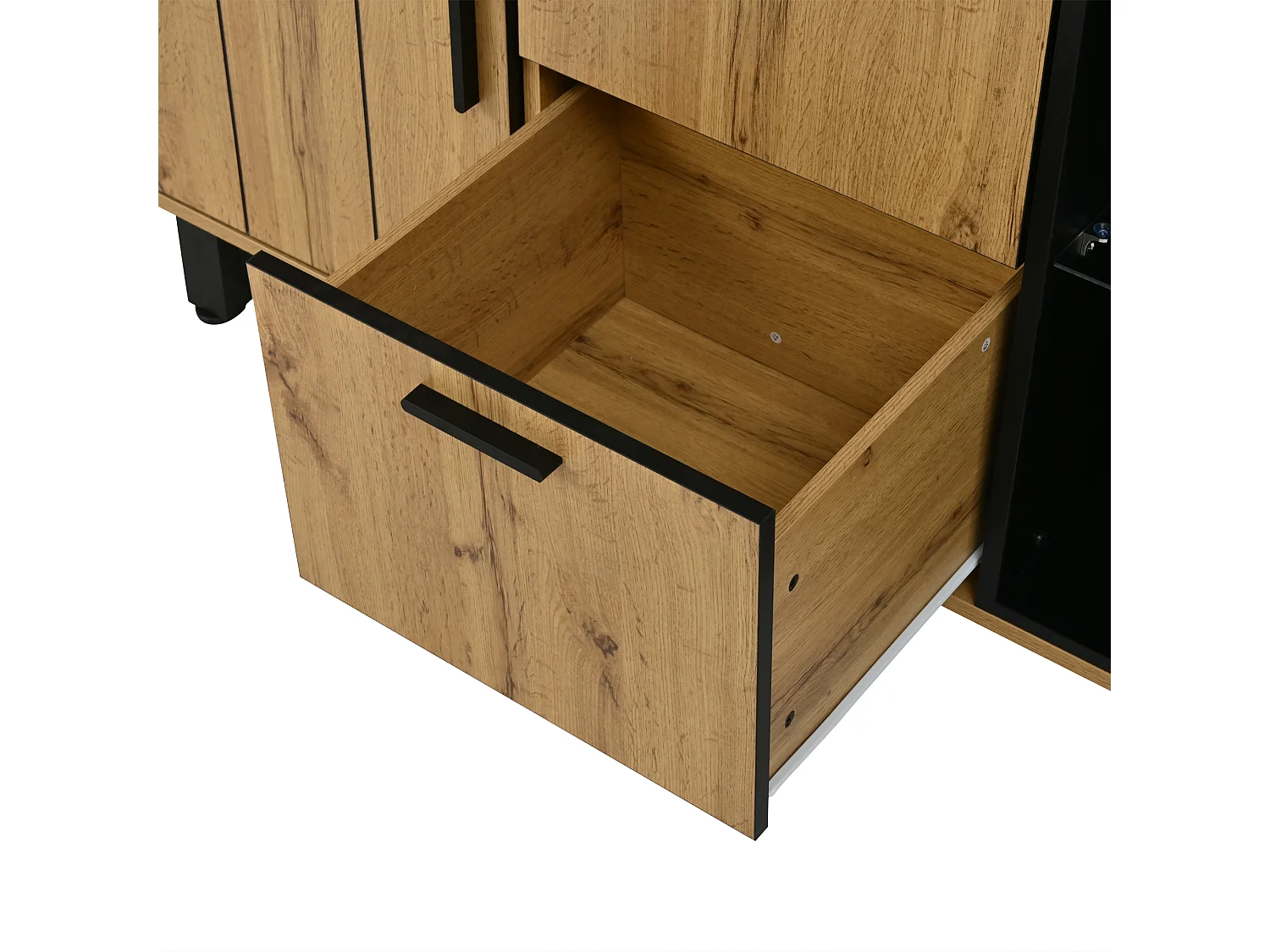 Buffet avec LED, 2 tiroirs et 2 portes - Couleur naturel et noir 160x40x73 cm