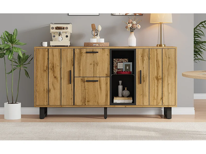 Buffet avec LED, 2 tiroirs et 2 portes - Couleur naturel et noir 160x40x73 cm