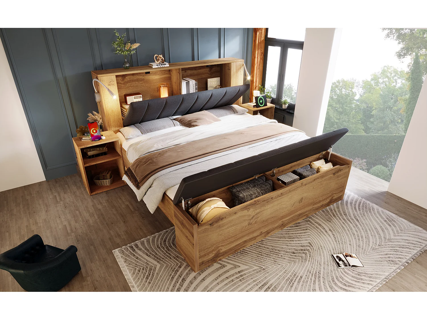 Volwassenbed 180x200 cm met 2 ledlampen, USB-poorten, krukje en 2 nachtkastjes - Hout en grijze kleur