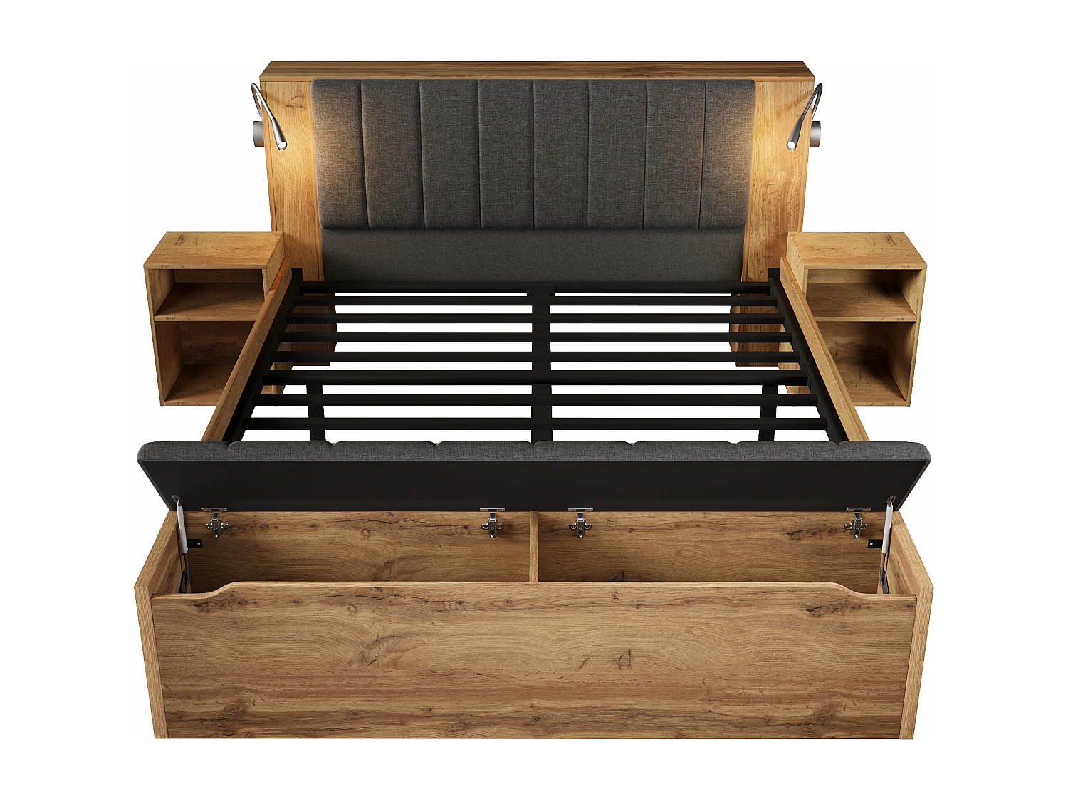 Volwassenbed 180x200 cm met 2 ledlampen, USB-poorten, krukje en 2 nachtkastjes - Hout en grijze kleur