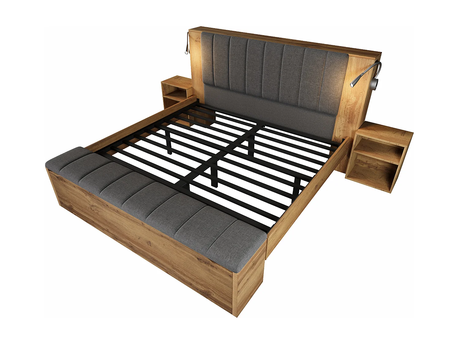 Volwassenbed 180x200 cm met 2 ledlampen, USB-poorten, krukje en 2 nachtkastjes - Hout en grijze kleur